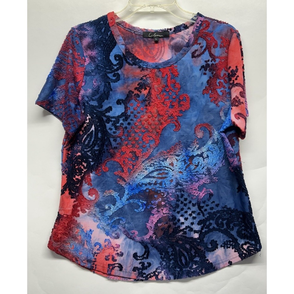Calessa Womens Size L Red Blue Short Sleeve Embellished Top (K5)